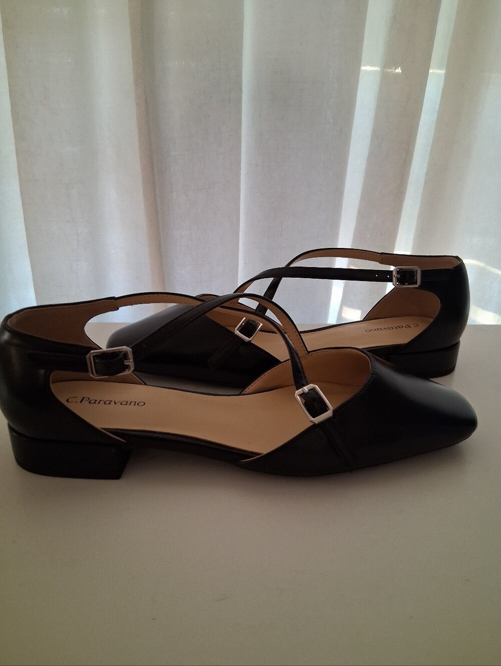 C.Paravano Black Cross-Strap Low Block Heel Flats for Women Retails $148 - Picture 5 of 9
